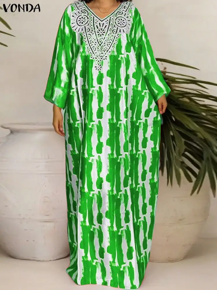 Plus Size 5XL VONDA Women Long Sleeve Bohemian Party Vestidos 2025 Autumn Printing Vintage Maxi Dress Casual V-Neck Loose Robe