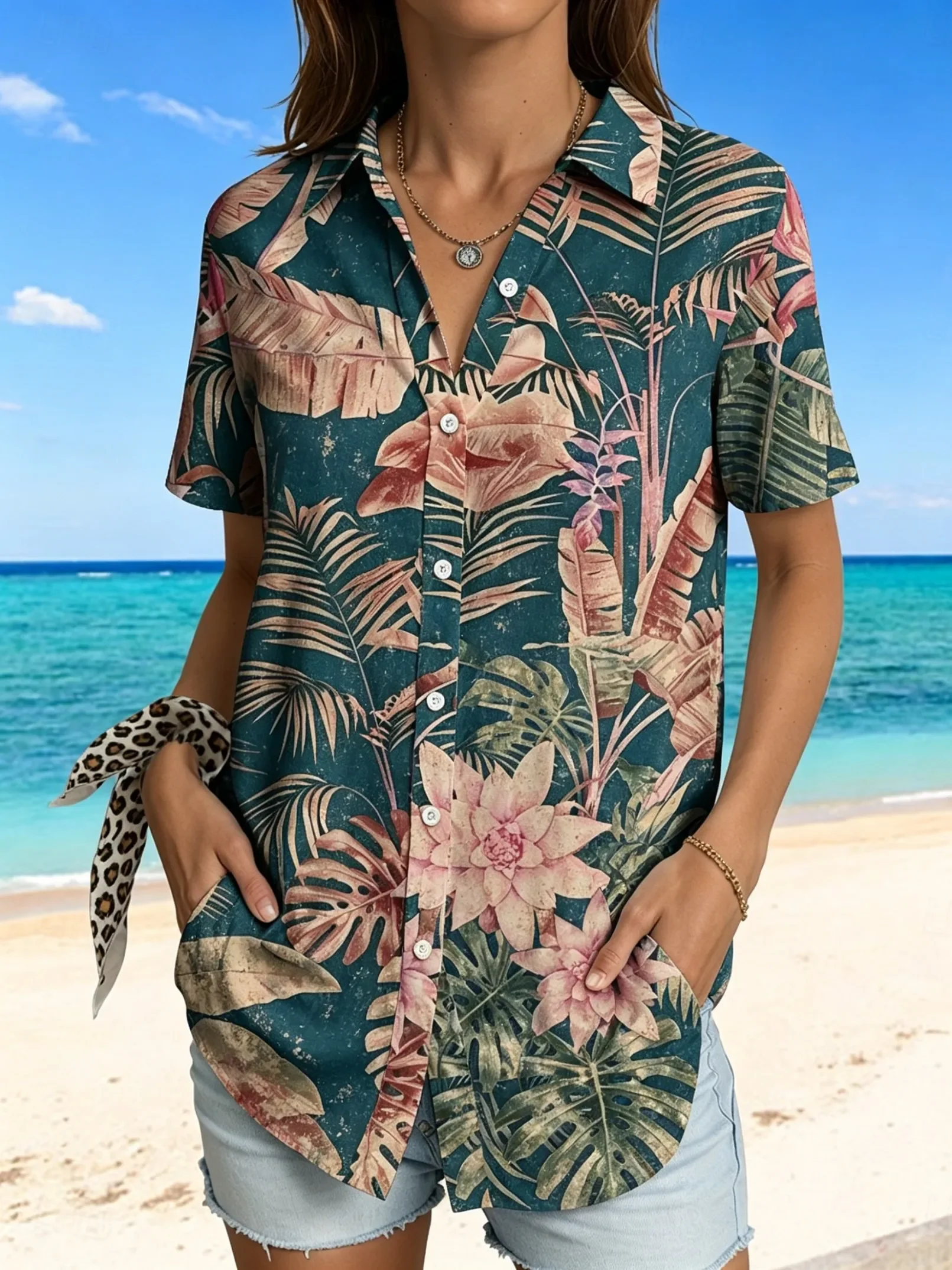 Women's Short Sleeve Tropical Plant Print Button Down Casual Shirt Elegant Daily Blouse Tops boho Style Shirts