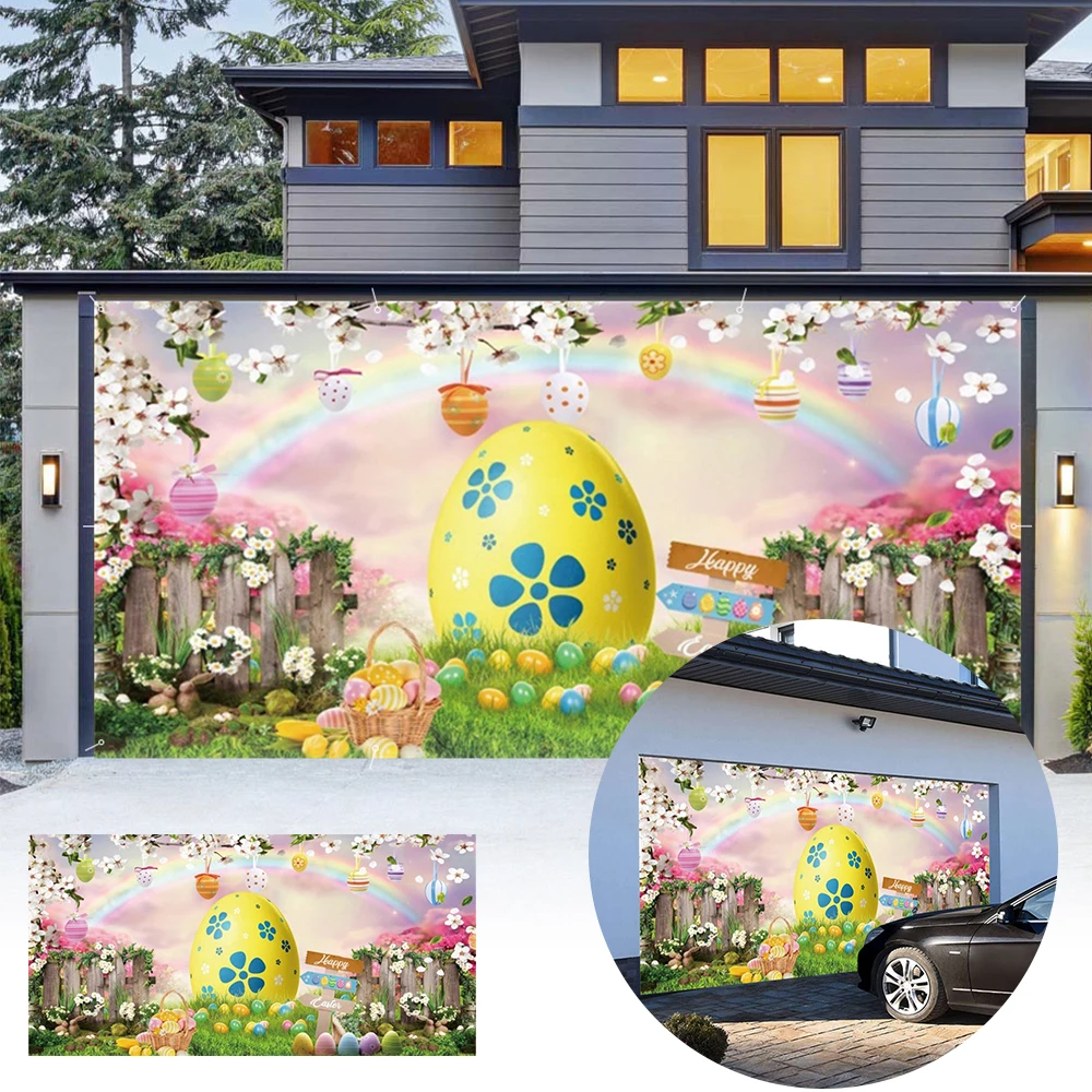 For Home Garage Door Decoration Banner Easter Theme Color Eggs Spring Meadow Flowers Rainbow Bunny Porch Decoration Large Banner