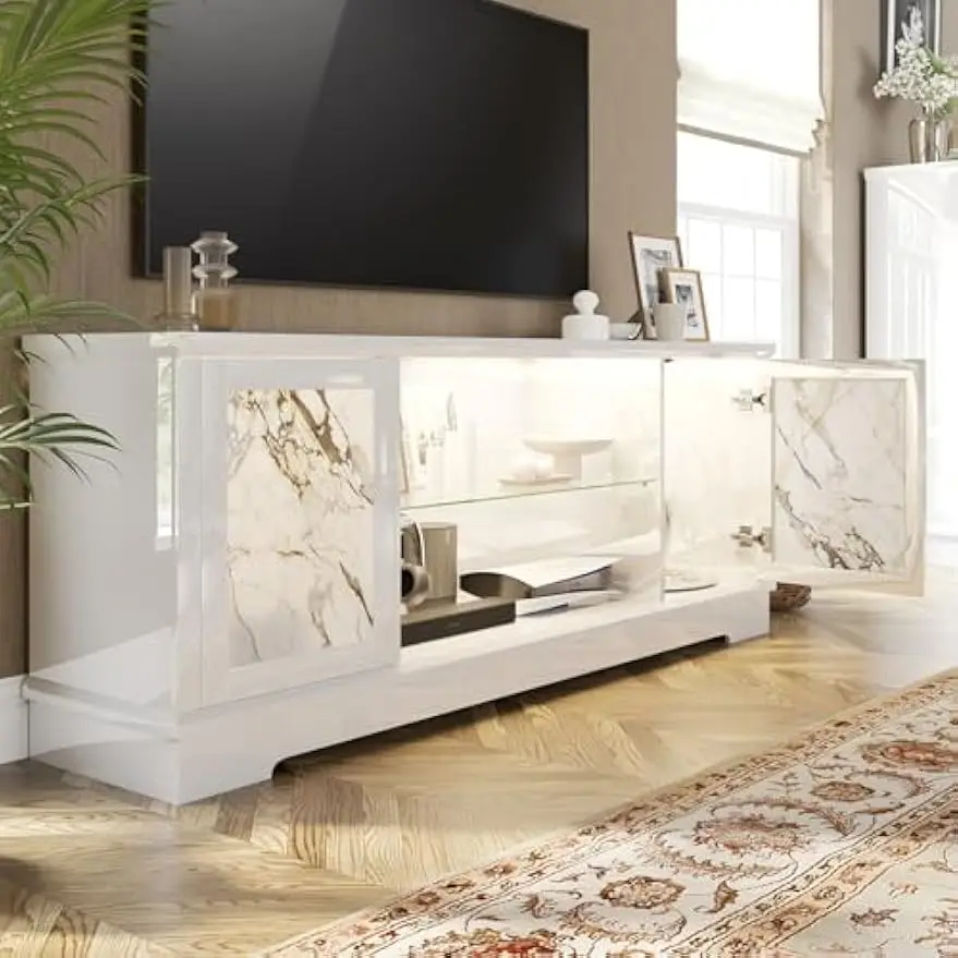 

Luxury 63" Natural Marble TV Stand, High Gloss Entertainment Center w/ LED Lights & Pine Legs, Console Cabinet for TVs Up to 73"