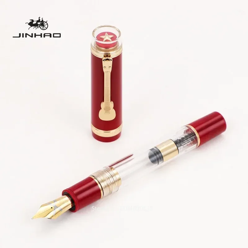 Jinhao 1935 Tiandao Series Fountain Pen NO.8 F/M Nib with Ukulele Clip Transparent and Red Resin Writing Pen & Large Converter