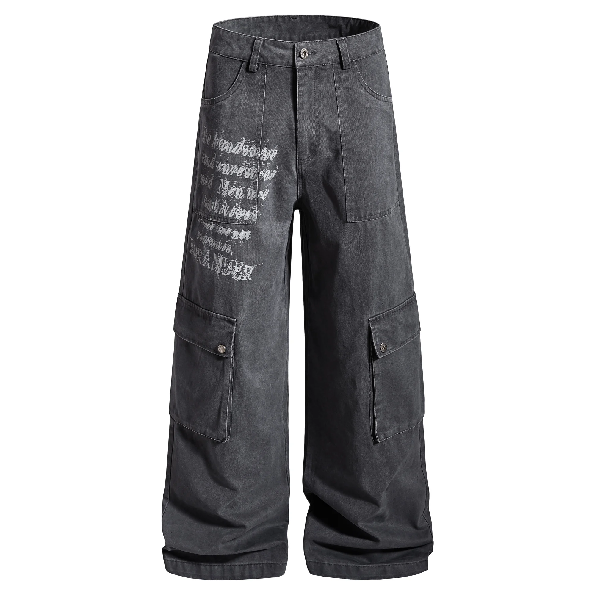 

GXFortune American Retro fiti Multi-ket Work Trousers Casual Loose Straight Leg Men's Long Pants Trendy Cotton Jeans