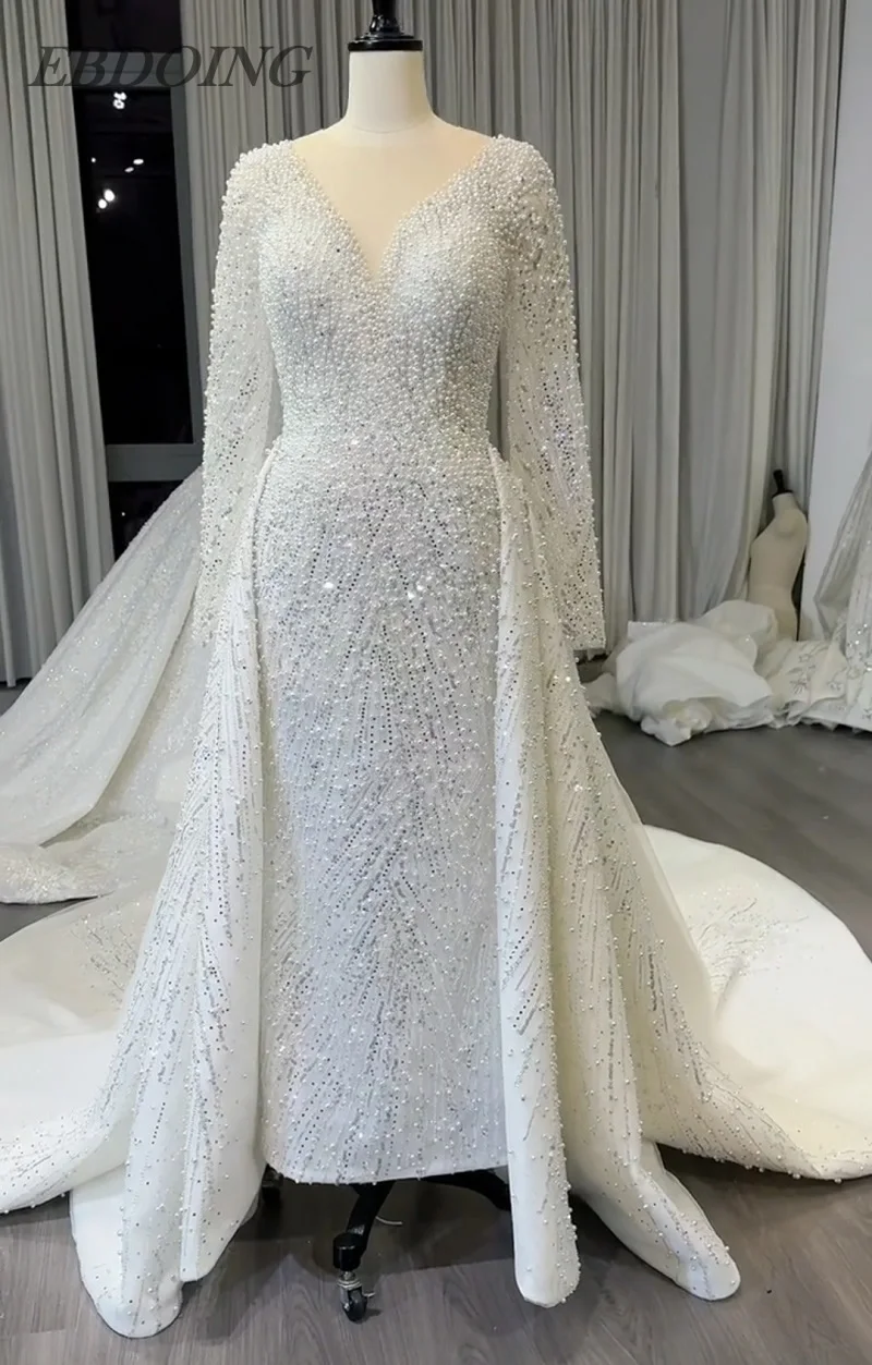 EBDOING Trouwjurk Zeemeermin 2-in-1 Doorzichtige Halslijn Volledige Mouwen Key-Hole Terug Met Kralen Aangepaste Bruidsjurken