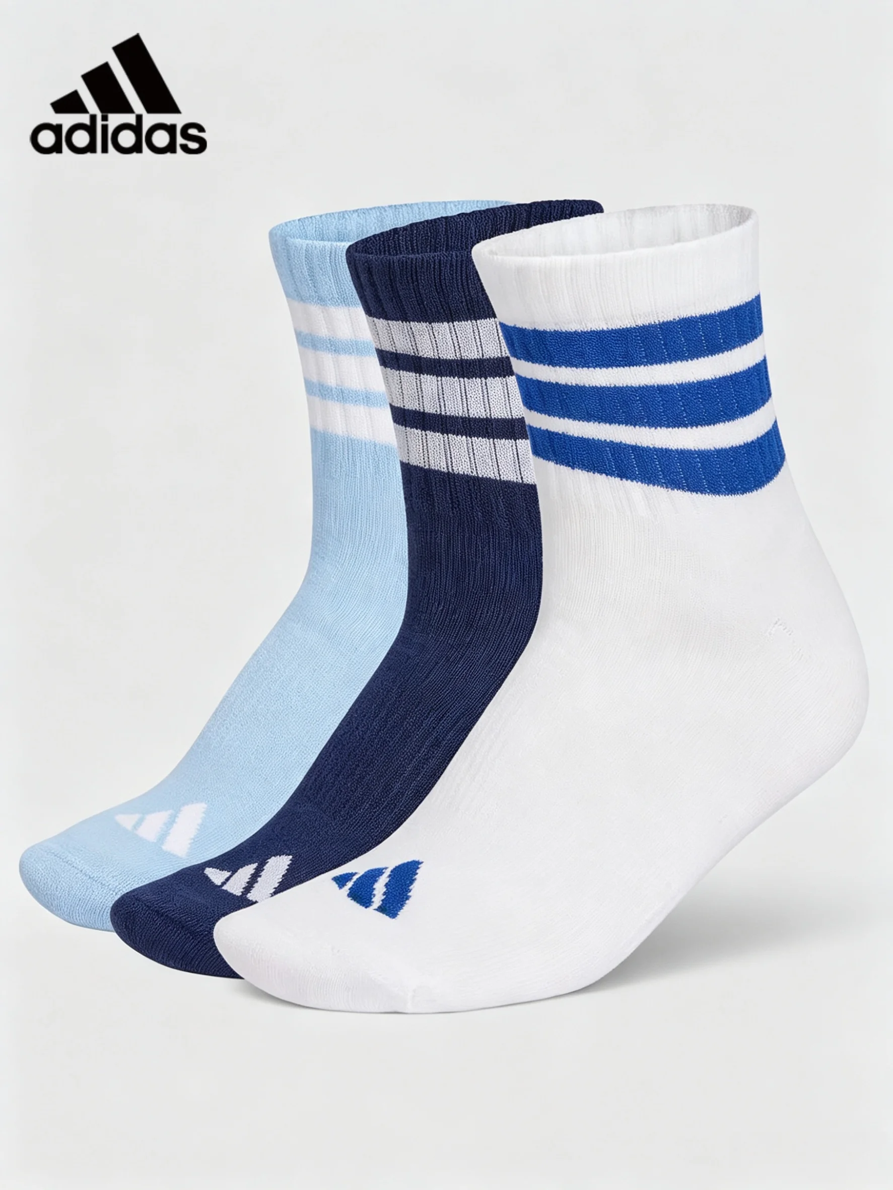 Adidas Calcetines unisex de 3 pares con 3 franjas, calcetines deportivos acanalados, suaves y transpirables, para correr, uso diario, informal, KC9615