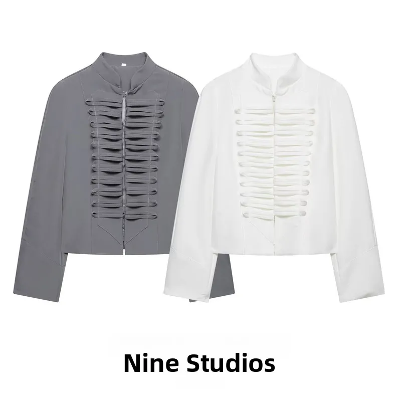 

NINE ZAR Women's Casual Short Suit Jacket with Stand Collar Rope Knot Splicing Design Polyester Long Sleeve Zipper Closure