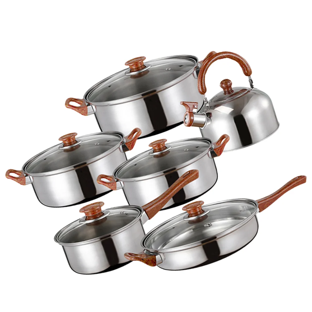 

12 Piece Stainless Steel Pot Set Thick Bottom Rapid Heating Noodle Soup Cooking Pots Griddle Pan Kitchen Stockpot Induction