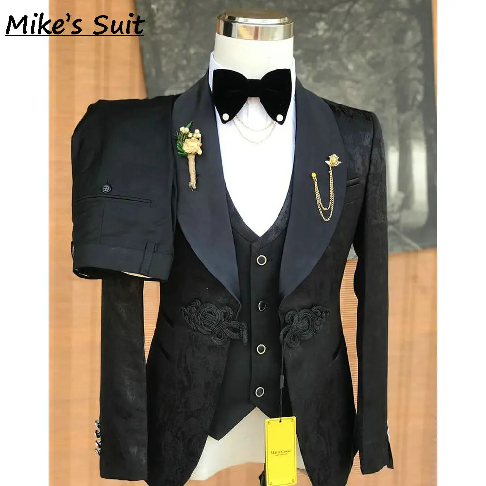 Elegant Jacquard Wedding Suit Groom Wear Man's Suits Formal Tuxedo 3 Pieces Set Blazer Vest And Pants Traje De Novio