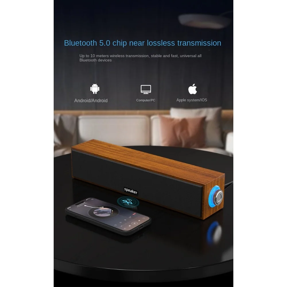 Nova tira longa usb com fio bluetooth alto-falantes duplos de madeira pequeno alto-falante computador notebook barra som desktop graves pesados