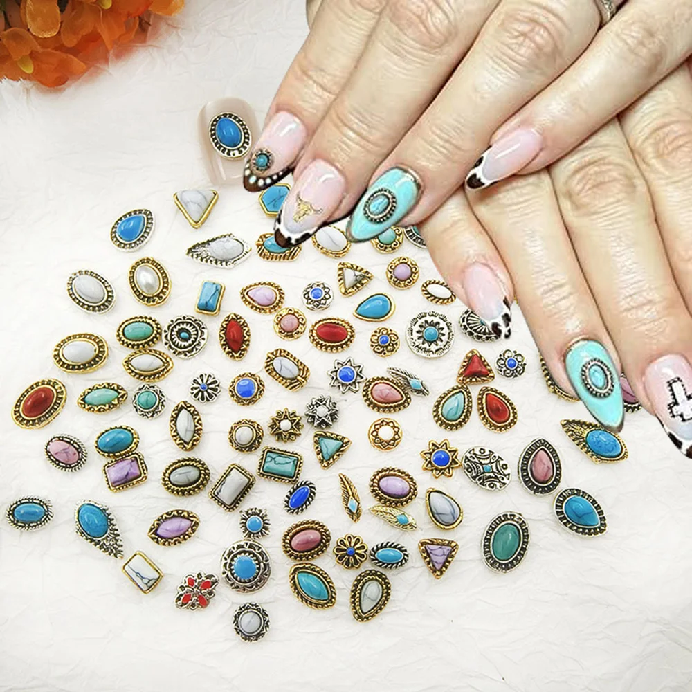 20pcs Mixed Western 3D Vintage Turquoise Blue Green Gemstone Nail Charms Cowboy Decoration for Manicure DIY Accessories Craft