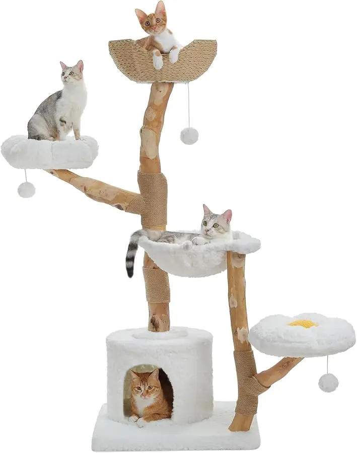 

PAWZ Road Cat Tree for Indoor Cats Large Adults, 59 Inches Modern Cat Tower with Large Basket and Hammock, Natural Solid Wood, L