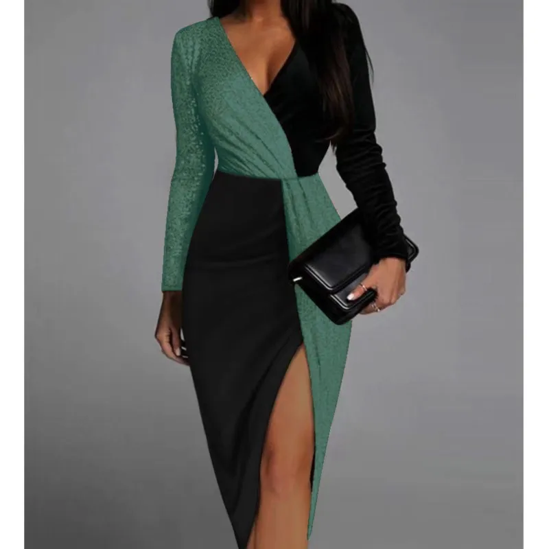 Contrast Dress Vestido Dresses 2025 Woman V-link Slit Slim Long Sleeves Fashion Banquet Sequin Temperament Commuting Package Hip