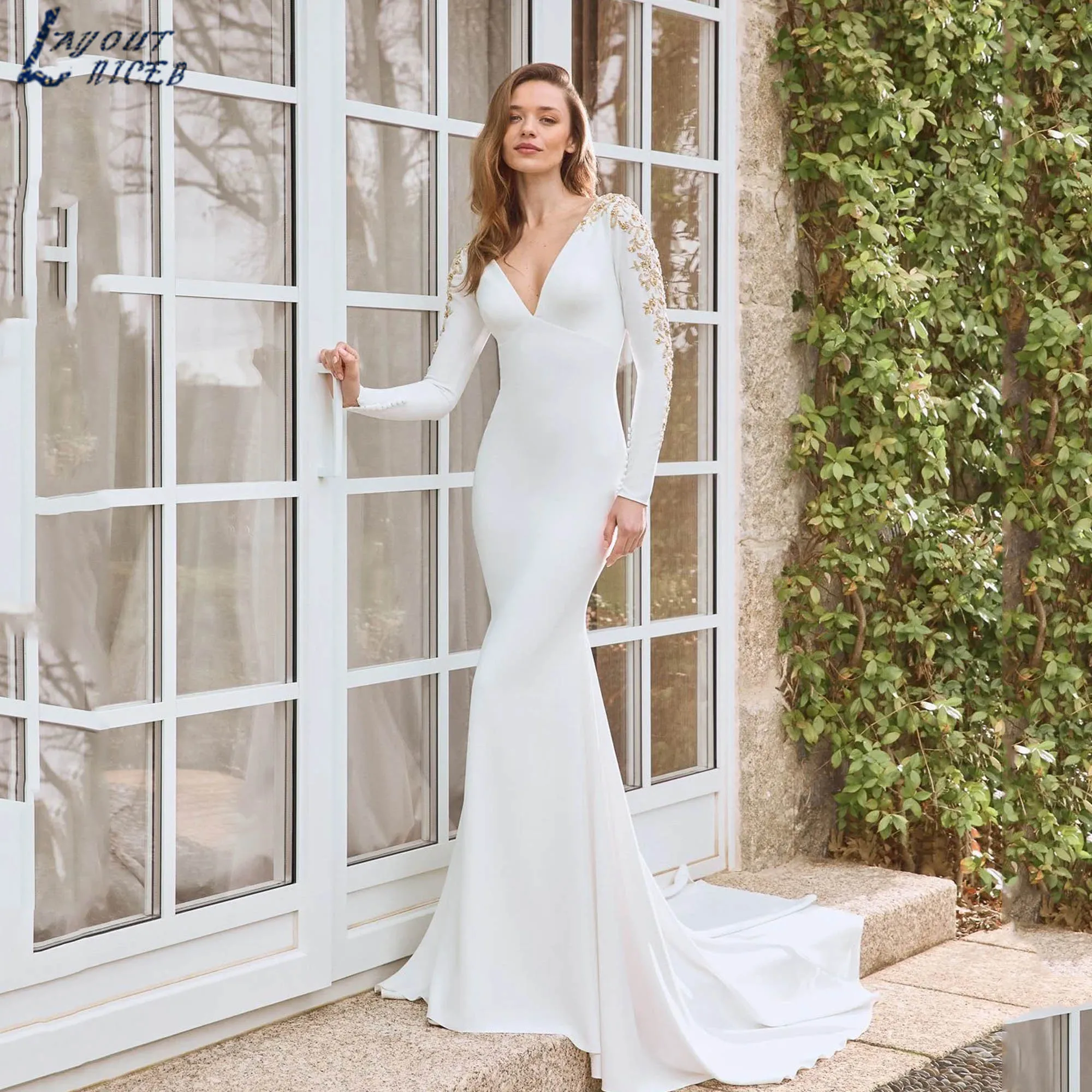 Deep V-neck Mermaid Fit Wedding Dress Women Satin Long Sleeves Backless Bridal Gown Modern Appliques vestidos de novia Customize