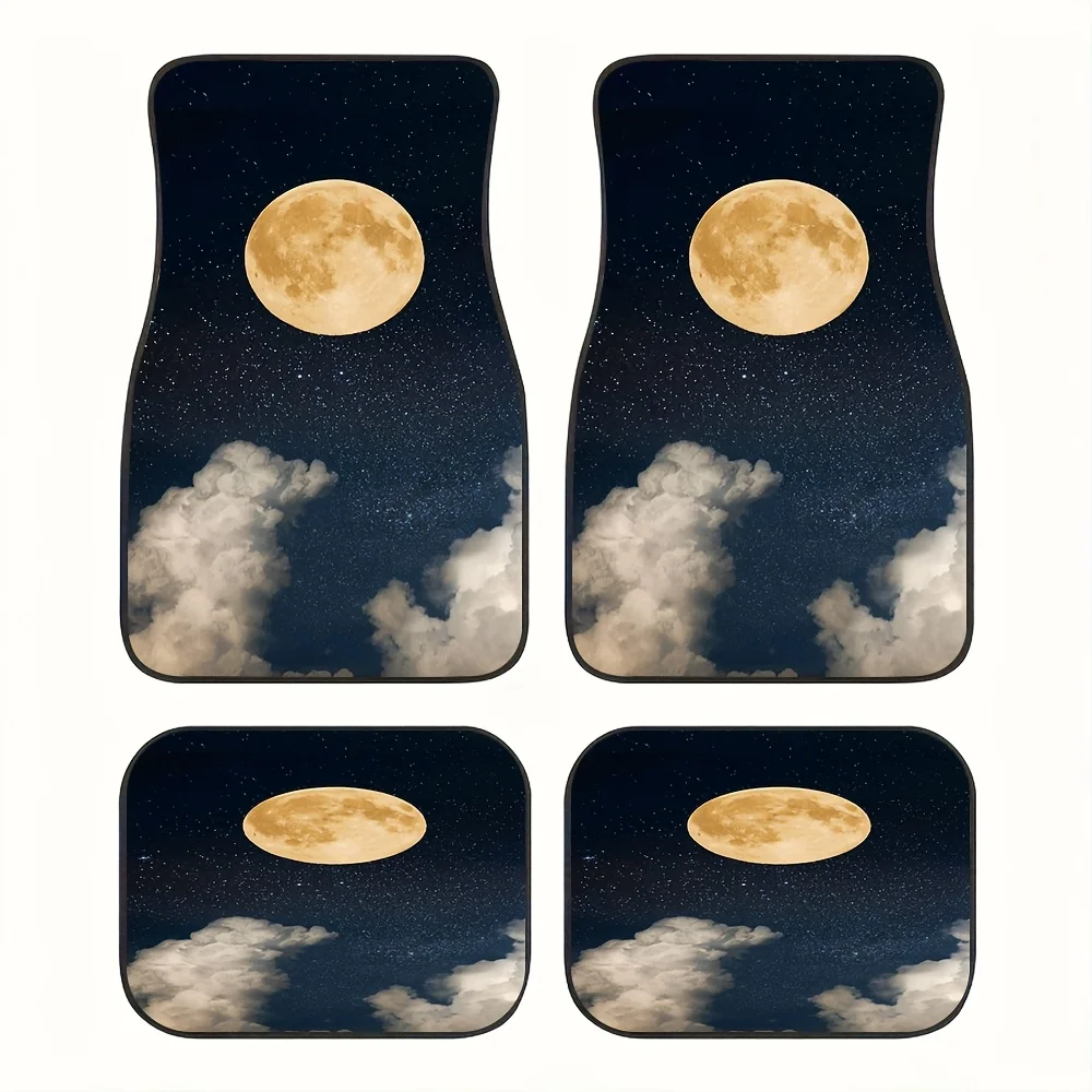 Set Of 4 Car Mats Featuring A Starry Sky And Bright Moon Design - Print Of Night Sky Clouds And Stars - Fits Universally - Inter