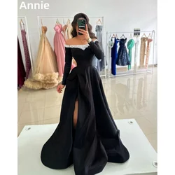 Annie Long Sleeves In Black Prom Dresses Luxury Pearl Arabian Lady Evening Dresses A-shape Cocktail Dresses Wedding Party Dress