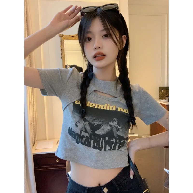 الجوف خارج المحاصيل الأعلى قصيرة الأكمام طاقم الرقبة تي شيرت تقليدي الصيف موضة المحملة للنساء Y2K مثير الأعلى كل مباراة الشارع الشهير جديد