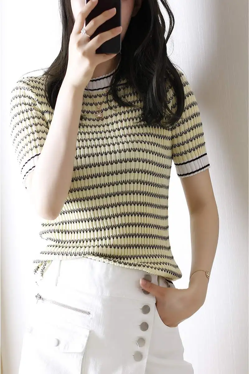 

Faionable Трикотажная облегающая круглая футболка Ne с гобеленовым узором ort Sve Женский летний топ Quali Counter Goods