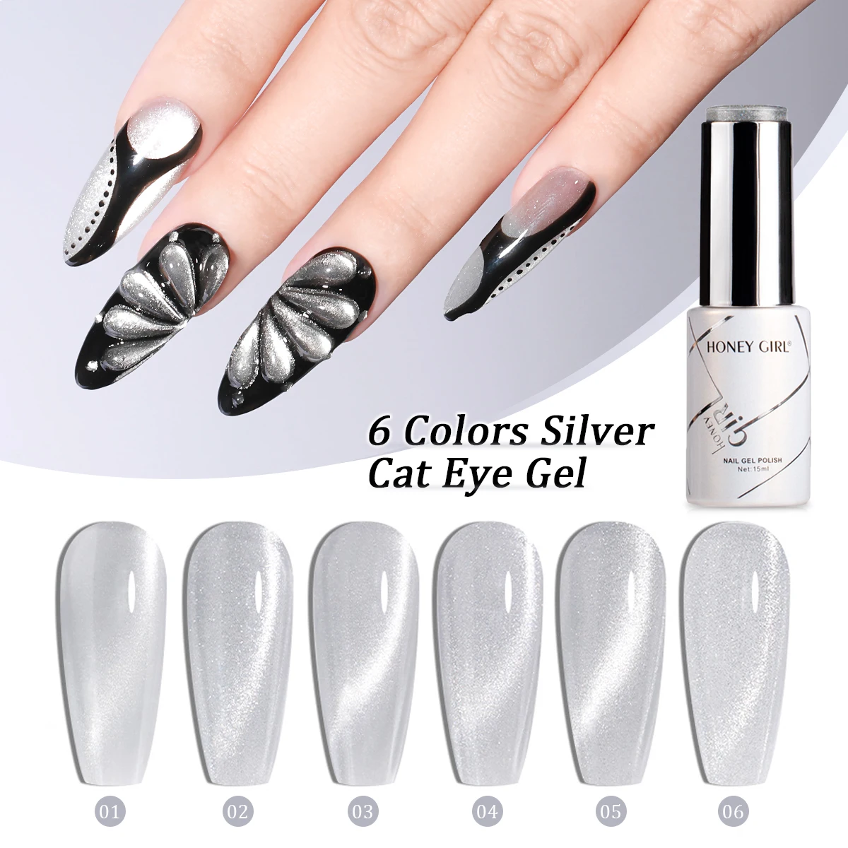 

6-color Bright Silver Cat-eye Nail Polish Ice-transparent All-season Magnetic Super-sparkling White Light Therapy Gel