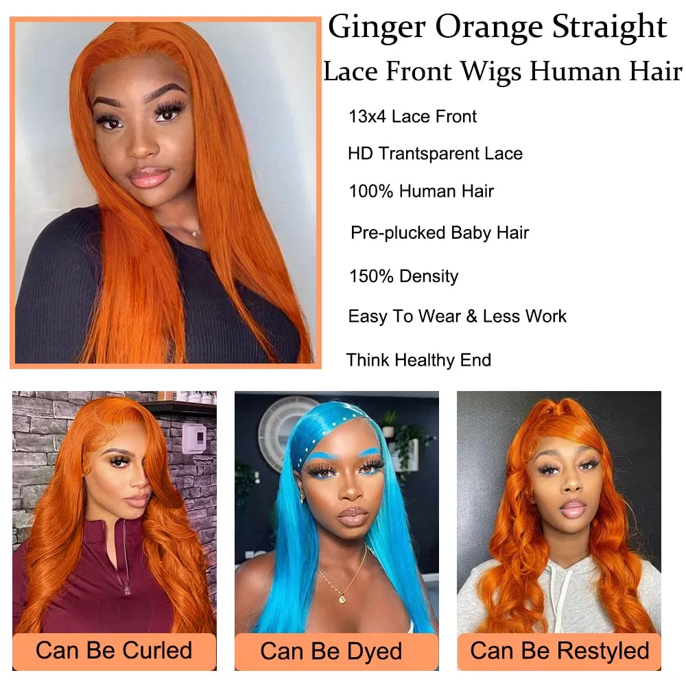 Straight Lace Frontal Wig Ginger Orange 30 Inch 13x6 HD Lace Front Wigs Human Hair for Women 200 Density Colored Wigs