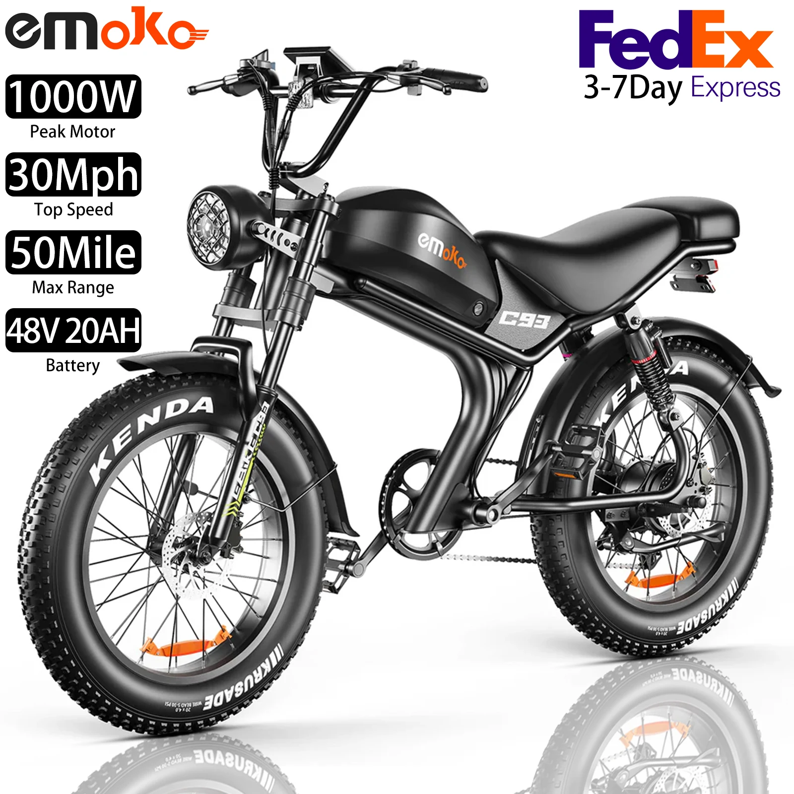 

Электрический горный велосипед EMOKO, 20 дюймов, 1000 Вт, 30 миль в час, 50 миль, электрический внедорожный мотоцикл, 48 В, 20 Ач, вездеходный электрический велосипед