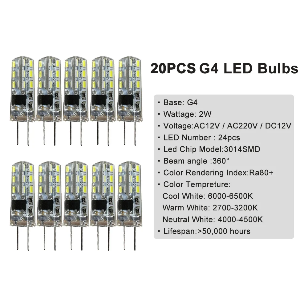 20pcs G4 2W Led Bulbs 220V 12V Mini Silicone Lamp 3014SMD 24LEDs Cool/Neutral/Warm White LED Light Bulb Replace Halogen Lamp