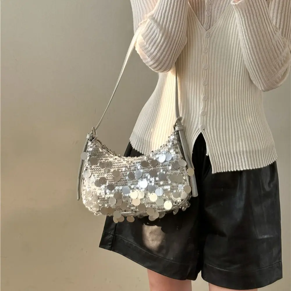 Portable Evening Bag Sequin Bag Purse Make Up Bag Blingbling Handbag Underarm Bag Mobile Phone Bag Silver Shoulder Bag Outdoor