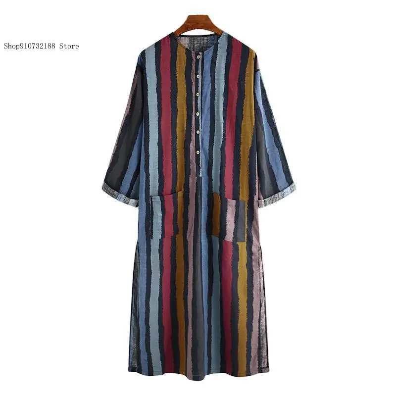 Spring Summer Middle Eastern Arab Muslim Stripe Printed Long Sleeved Jumpsuit for Men