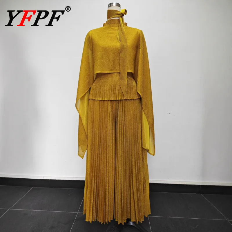 

YFPF Pleated New Women's 3 Piece Set Fashion Irregular Shawl Solid Top Blouse Long Pants Wide Leg Trousers Elegant Clothing