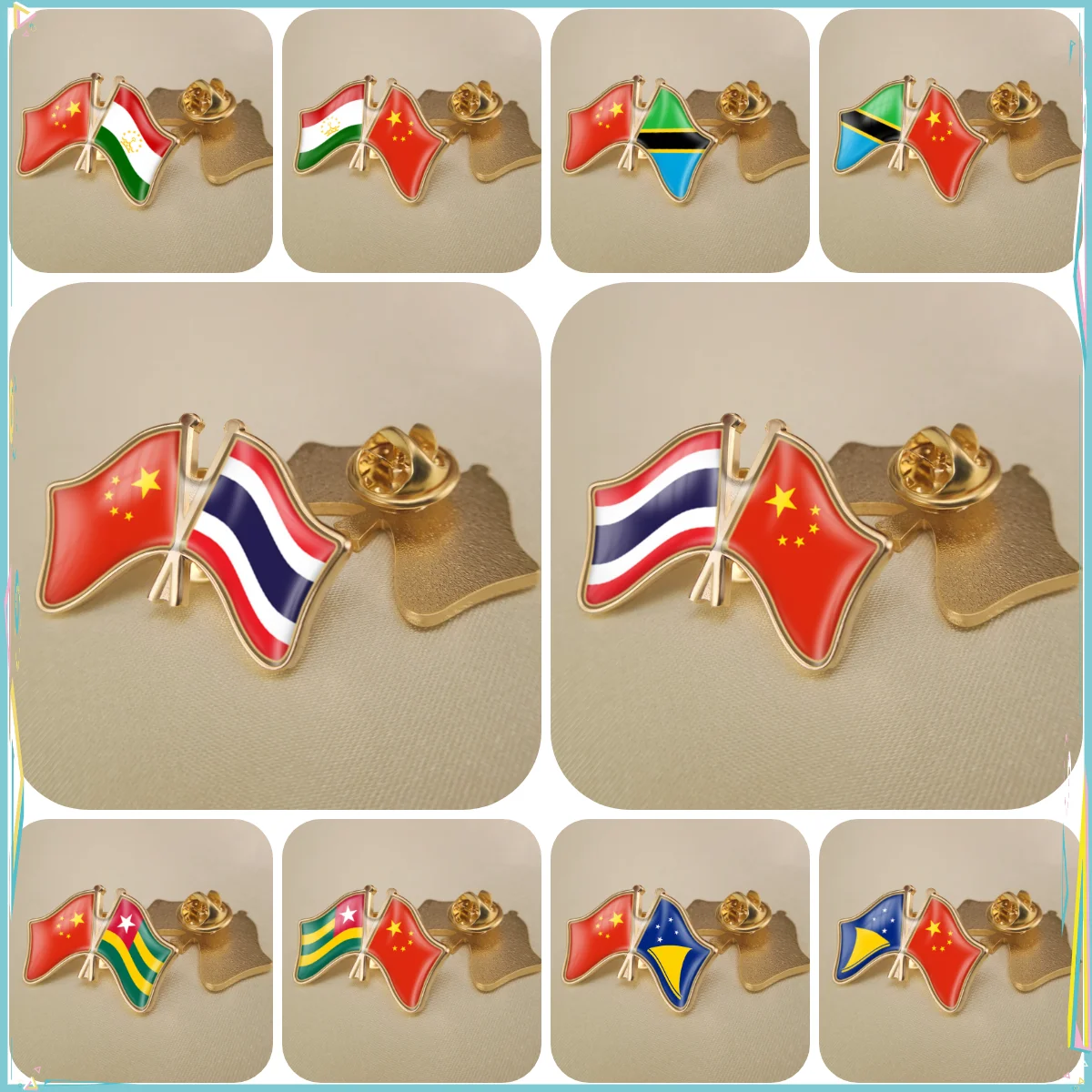 China and Tajikistan Tanzania Thailand Togo Tokelau Crossed Double Friendship Flags Lapel Pins Brooch Badges