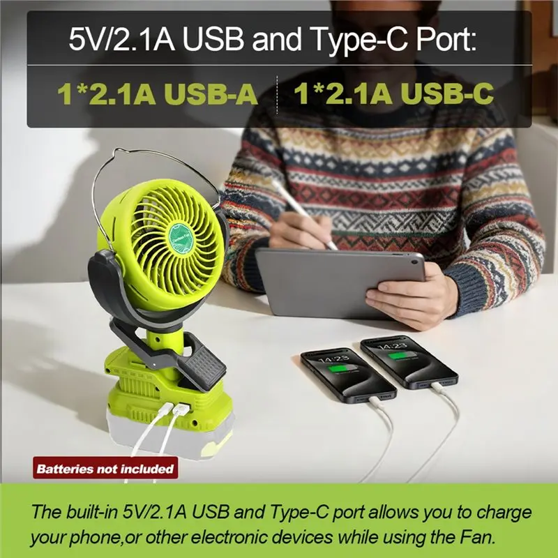 A94E-Dual USB For Ryobi 18V Battery Powered Clip Fan Portable Cordless Cooling Fan For Car Home Camping Outdoor