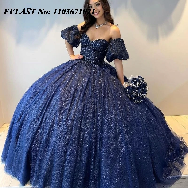 

EVLAST Мексиканское темно-синее платье Quinceanera, бальное платье с блестками, кружевная аппликация, бисер, бриллиант, сладкий 16, Vestidos De XV 15 Anos SQ53