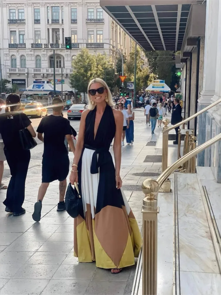 Abito estivo con gonna lunga sexy senza schienale con lacci color block New Fashion Elegnat Casual Boho Dress per le donne Robe Femme