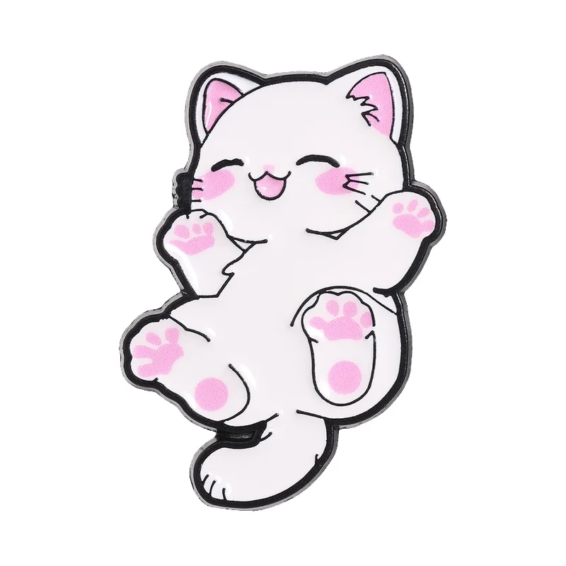 Cute Pink White Cat Enamel Pin Kawaii Happy Smiling Expression Pink Paw Blush Cat Brooch Bag Lapel Badge Jewelry Gift for Friend