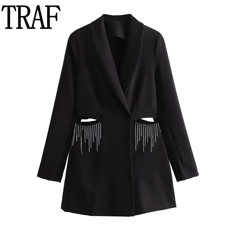 TRAF Black Short Jumpsuit Women Tassels Rhinestone Chic And Elegant Woman Jumpsuit Autumn Cut Out Long Sleeve Woman\'s Playsuit