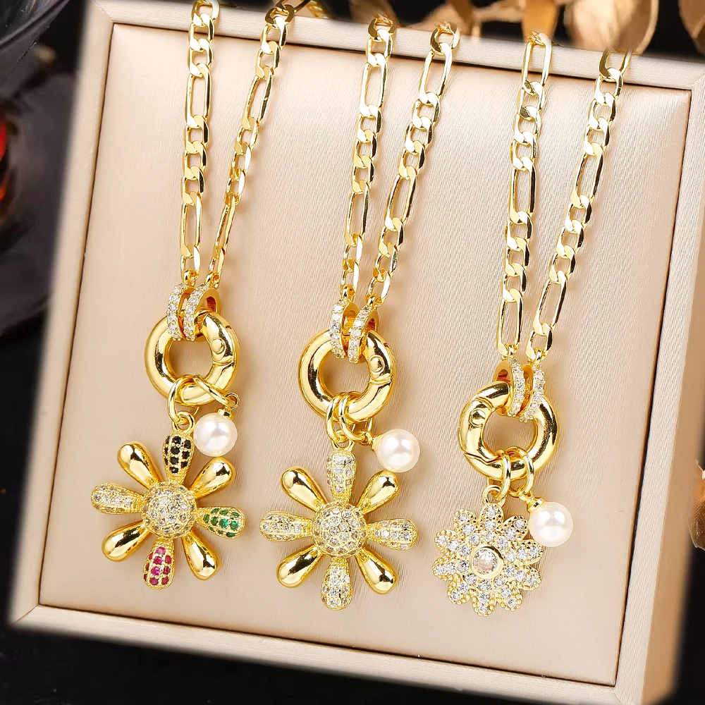 New Arrival Botanical Sunflower Zirconia Flower Pearl Choker Clavicle Chain Luxury for Woman Female Party Birthday Jewelry Gift