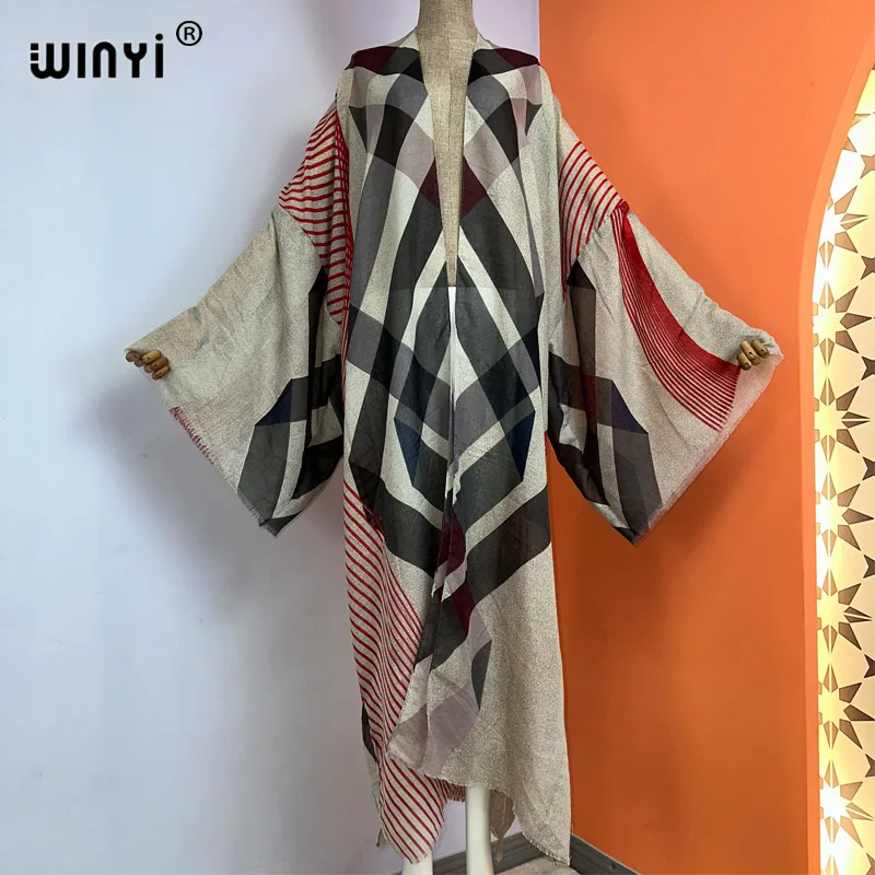 Winyi Kimono Zomer Boho Print Kaftans Strand Badmode 2023 Elegant Vest Sexy Vakantie Maxi Strandkleding Badpak Avondjurk