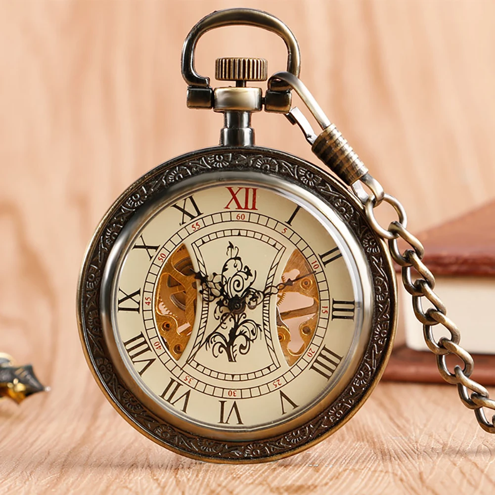 Bronze Vintage Open Face Mechanical Pocket Watch Men Roman Numerals Flower Tree Pattern Hollow Dial Hand-Winding Timepiece Gift