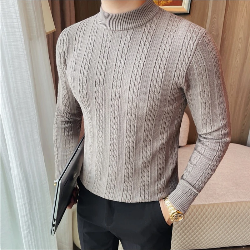Autumn Winter Thick Woven Twisted Flower Men's Sweater Half High Neck Long Sleeved Knitted Sweaters Slim Elastic Casual Pullover