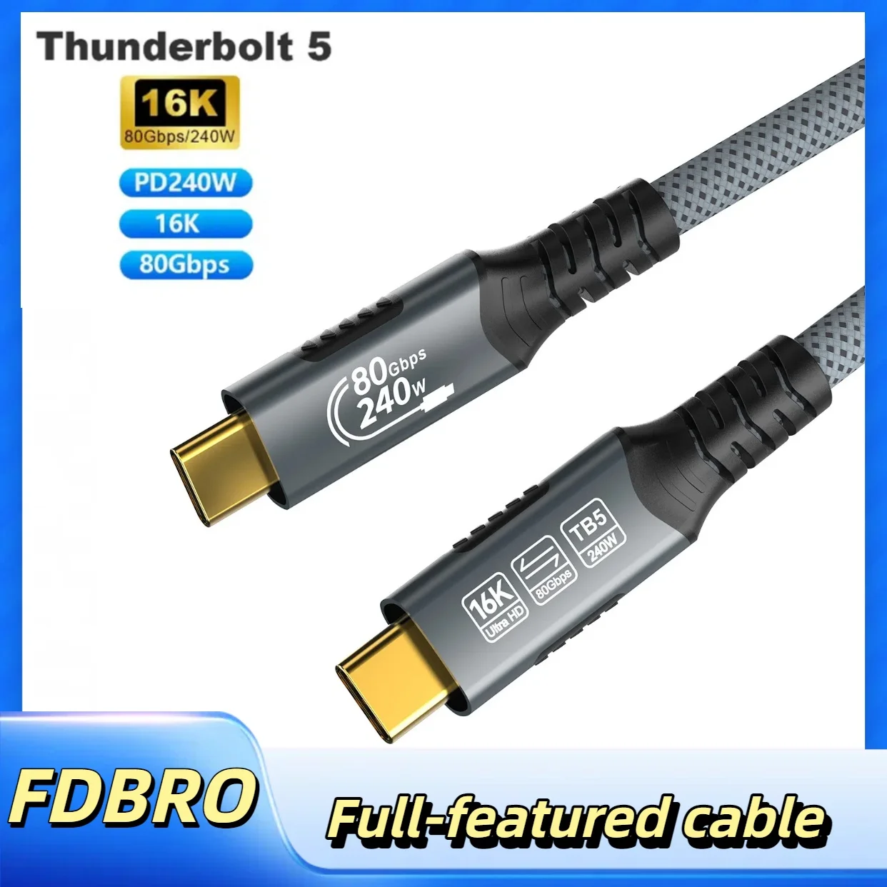 Thunderbolt 5 Type-C Cable 16K@30Hz 8K 48V/5A  PD240W 80Gbps Type-C to USB C for iphone 15 Pro Tablet Switch Laptop MacBook Pro