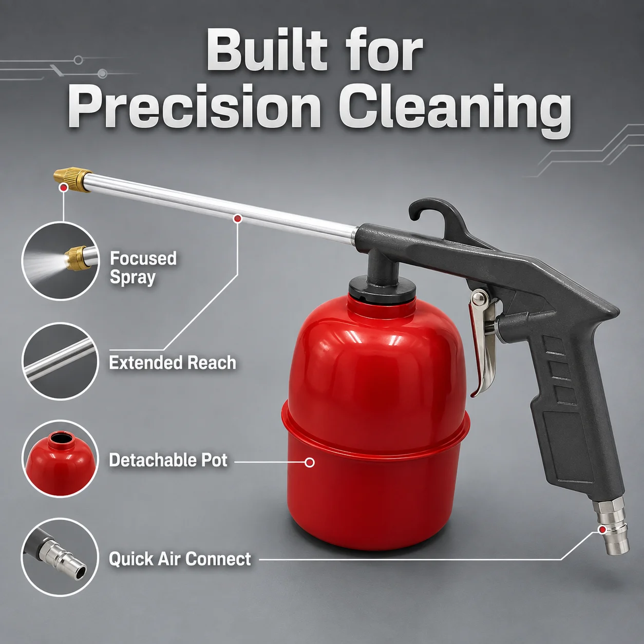 Pneumatic Car Engine Cleaning Gun 1Pc Zinc Alloy with Red Pot Long Nozzle Air Liquid Dual Use Tool for Oil Channel Dust Repair view 3
