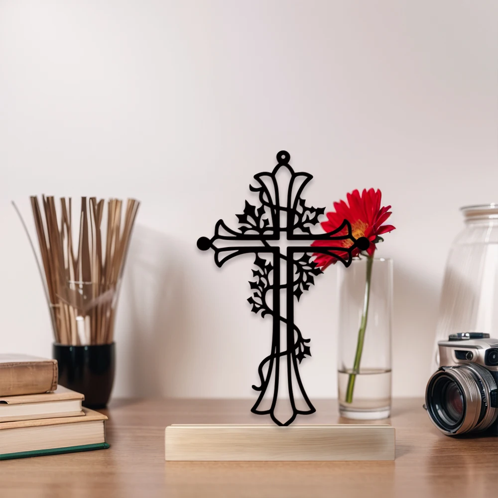 

Modern crucifix Tin Statue Tin Ornament With Wood Base Iron Sculpture Art Figurine With Wood Base For Home Decor