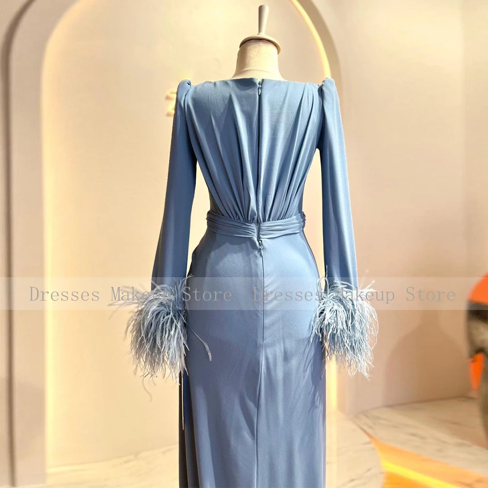 Sky Blue Evening Dress Long Sleeves Feather V Neck Sheath/Column Women\'s  Gowns 2023 Pleat Formal Party  for Wedding