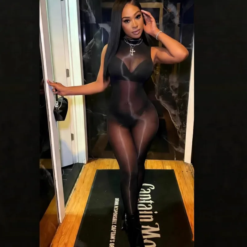 

Женский комбинезон из прозрачной сетки с эффектом мокрой кожи, без рукавов, с круглым вырезом, облегающий, сексуальный, в стиле Y2K, для уличной моды, клубных вечеринок и ночных выходов.