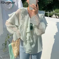 Solid Blouse Women Simple All-match Leisure Ruffles Puff Sleeve V-neck Trendy Loose Elegant Temperament Sun-proof Korean Style