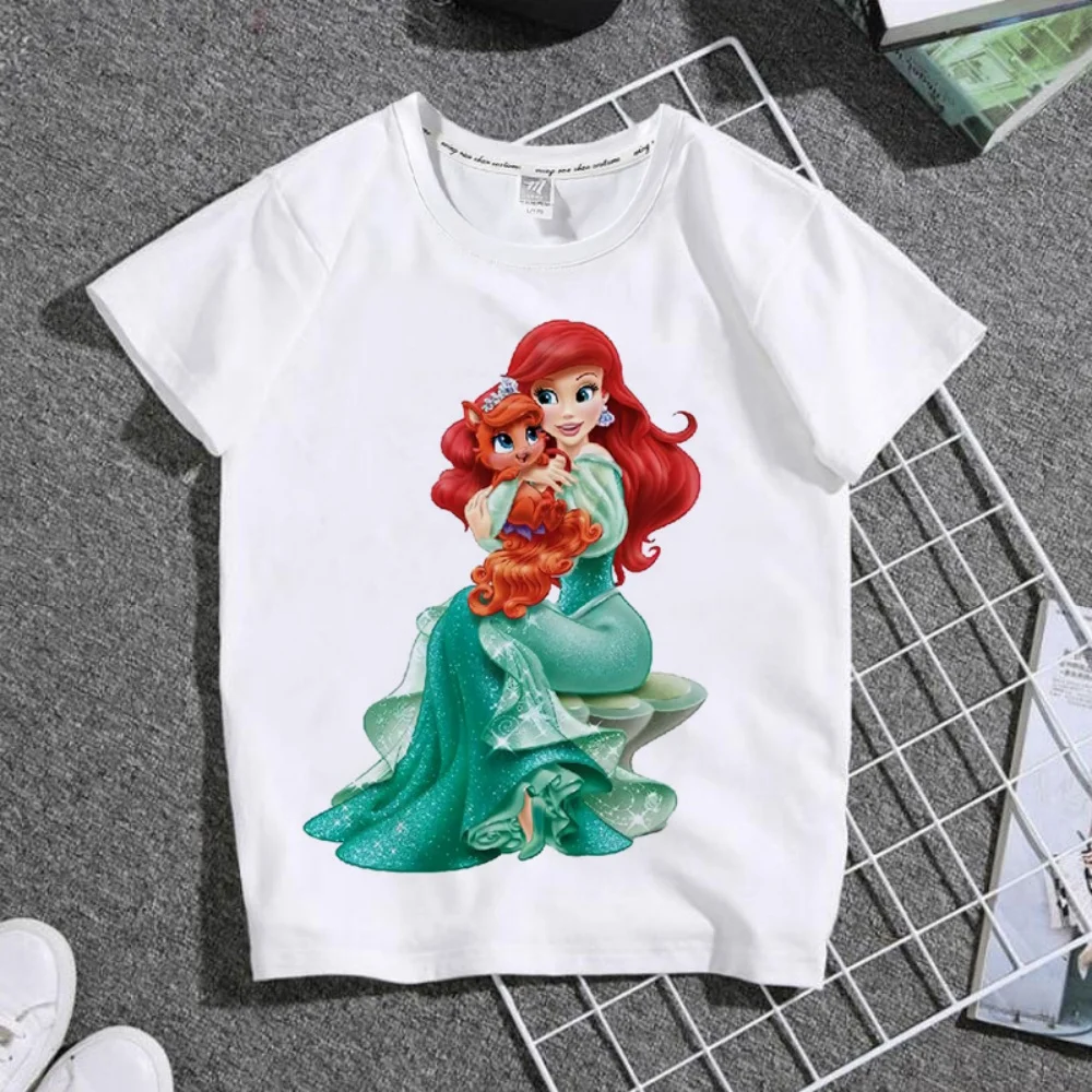 Disney Mermaid Princess Print Kids T-Shirt 2024 Cute Cartoon Summer Cotton Short Sleeve New Comfortable High Quality Top Fashion