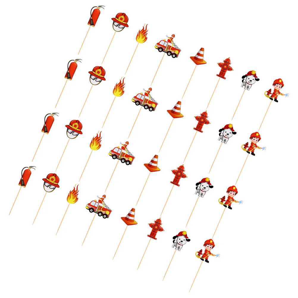 32 PCS Firefighter Birthday Cake Decoration Truck Decorations Picks Cupcake Toppers Dessert Wood Insert Party Baby