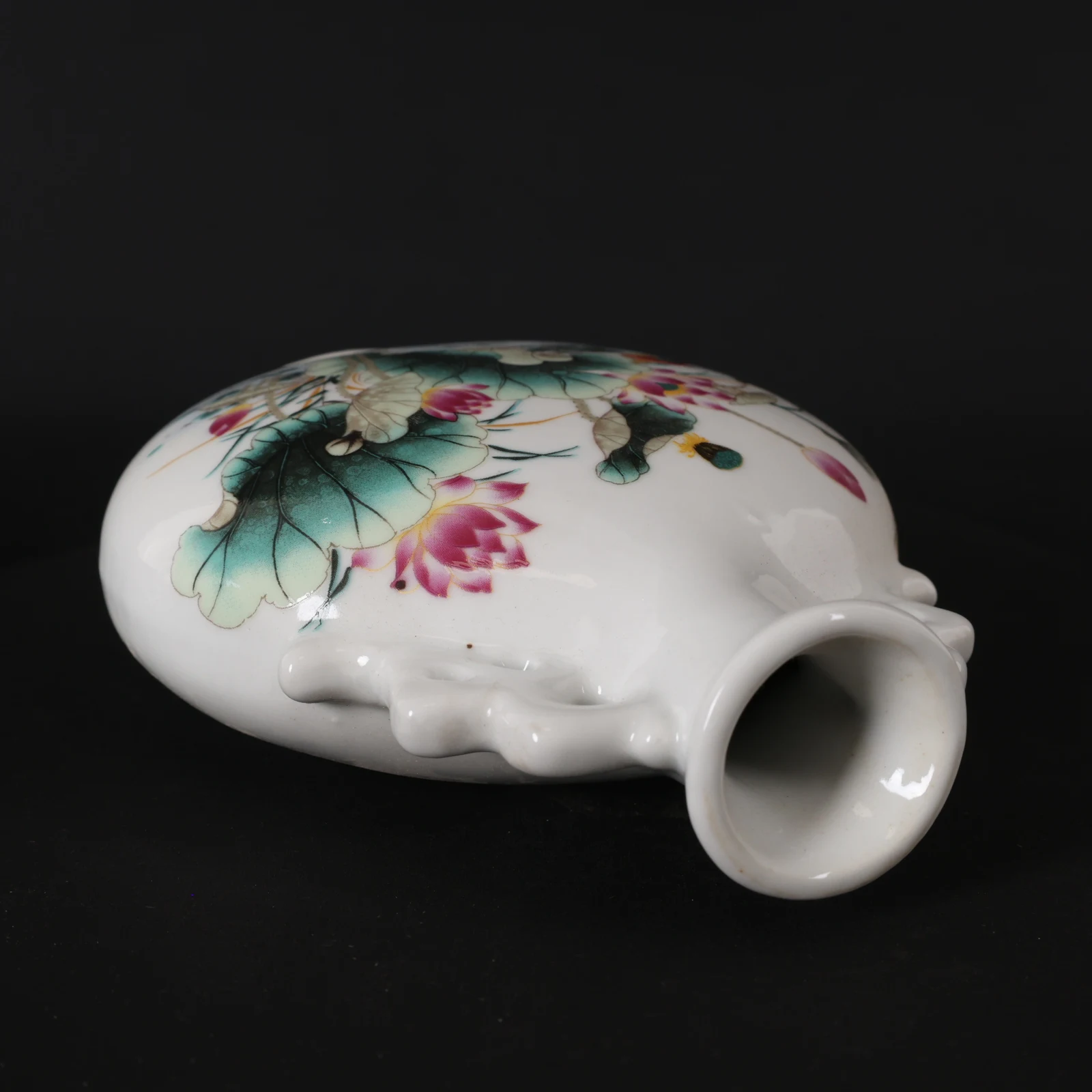 الخزف الصيني القديم، البط الماندرين الوردي اللعب بنمط اللوتس زجاجة مسطحة صغيرة قابلة للجمع