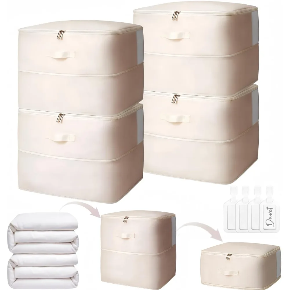 

4 Pack Comforter Storage Bag, 68L Blanket Storage Bags Self Compression Comforter Organizer and Storages, Space Saving Washable Compression Bags for Blanket Bedding Pillow Duvet Quilt, Beige