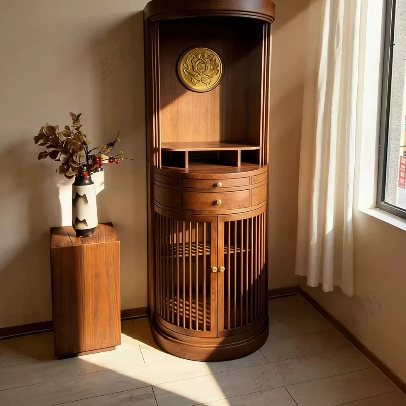 LMM, new Chinese solid wood Buddhist cabinet Chinese traditional offering cabinet round storage Zen lotus casket