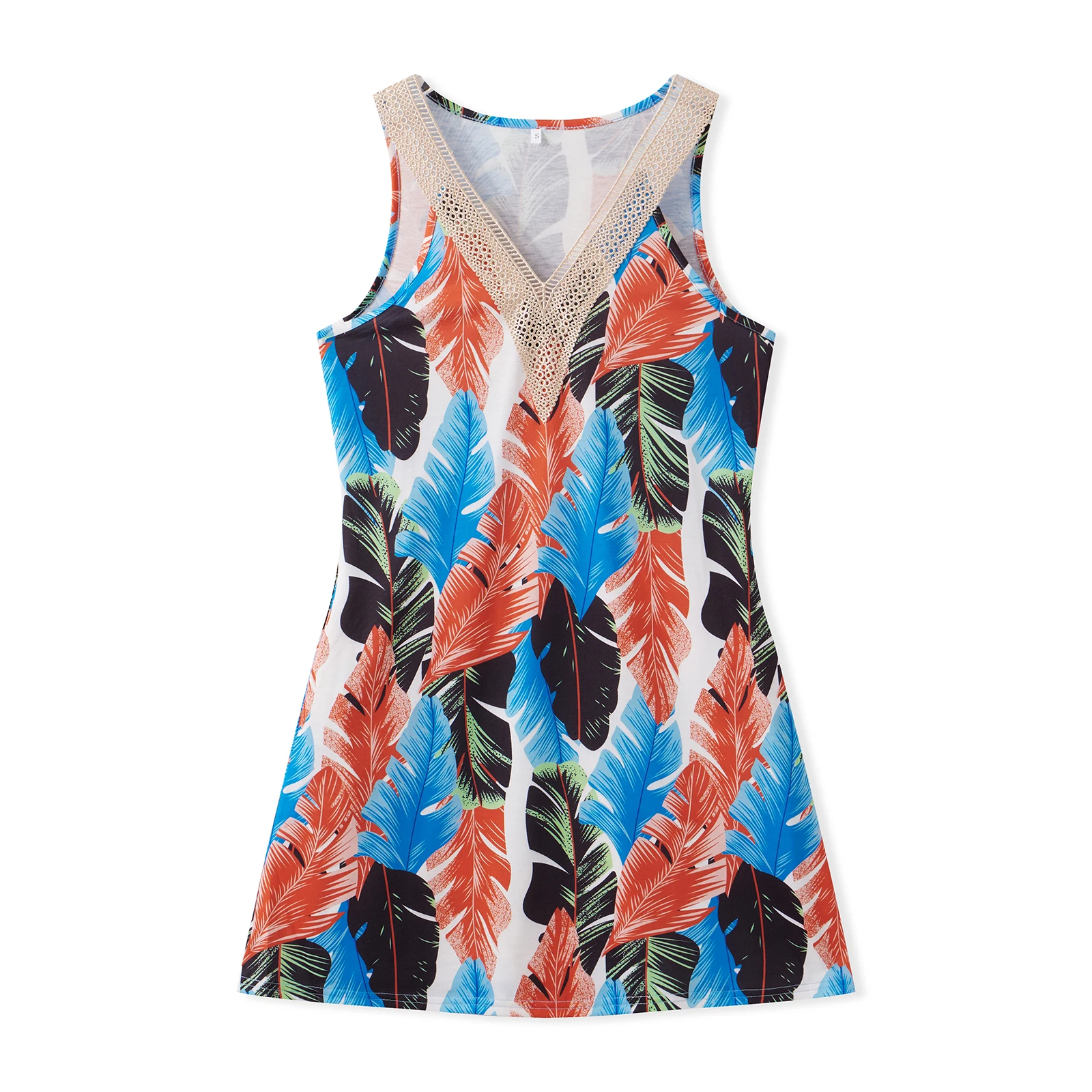 Abito canotta bohémien da donna Mini abito estivo senza maniche con scollo a V rifinito in pizzo Abito aderente e svasato