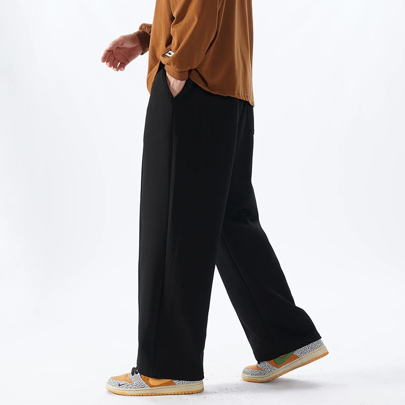 Spring Autumn Men's Pockets Drawstring Elastic High Waisted Loose and Versatile Casual Sports Solid Straight Leg Trousers Pants